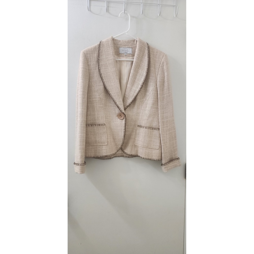 Brighton Paris Beige Tweed Blanket Stitch Blazer Jacket Sz 40 Single Button